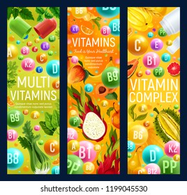 Healthy organic food with vitamins and multivitamin complex. Vector vitamin capsules or pills with tropical exotic fruits, natural vegetables and vegan salads