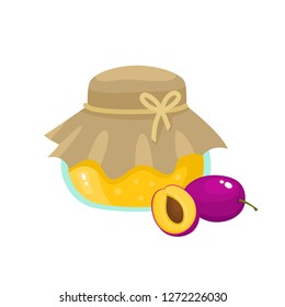Healthy organic fresh farm plum jam isolated on white background. Vector illustration of cartoon fruit in jar used for magazine, poster, menu, web pages.