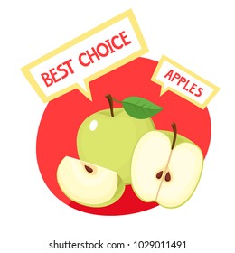 Healthy organic fruits badge of fresh farm apple with bubbles isolated on white background. Vector illustration of cartoon label used for magazine, poster, menu, web pages.