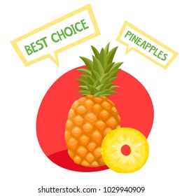 Healthy organic fruits badge of fresh farm pineapple with bubbles isolated on white background. Vector illustration of cartoon label used for magazine, poster, menu, web pages.