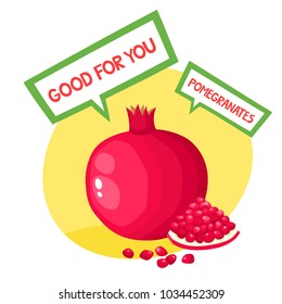 Healthy organic fruits badge of fresh farm pomegranate with bubbles isolated on white background. Vector illustration of cartoon label used for magazine, poster, menu, web pages.