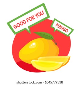 Healthy organic fruits badge of fresh farm mango with bubbles isolated on white background. Vector illustration of cartoon label used for magazine, poster, menu, web pages.
