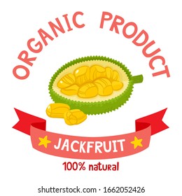 Healthy organic fruits badge of fresh exotic jackfruit with ribbon banners isolated on white background. Vector illustration of cartoon label used for magazine, poster, menu, web pages.