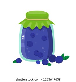 Healthy organic jam of fresh blueberry isolated on white background. Vector illustration of cartoon jar wth jam or marmalade used for magazine, poster, menu, web pages.