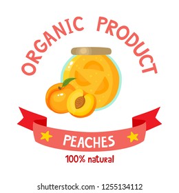 Healthy organic jam of fresh peach isolated on white background. Vector illustration of cartoon badge with jar jam or marmalade used for magazine, poster, menu, web pages.