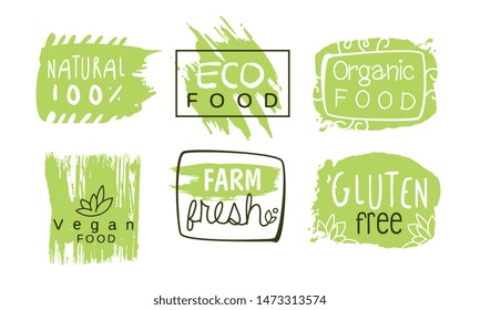 Vorlagen für gesunde ökologische/naturbelassene Agrarnahrungsmittelmarken, Öko-Bio-Erzeugnisse handgezeichnete Abzeichen Vektorgrafik