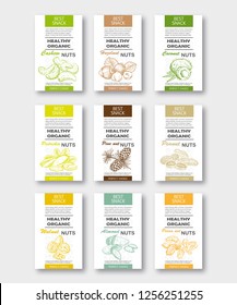 Healthy organic nuts vertical labels set. Vector packaging design.