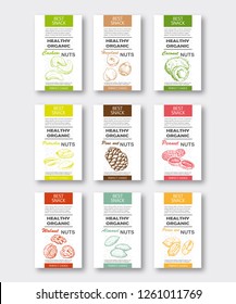 Healthy Organic Nuts Vertical Labels Set. Vector Packaging Design.