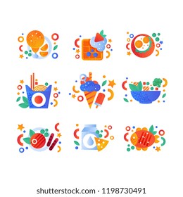 Healthy organic products and fast food set, fried chicken, belgian waffle, noodles wok, grilled fish, milk and cheese vector Illustration on a white background