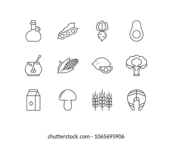 Healthy organic products line icons set with olive oil, soy beans, beetroot, avocado, honey, corn, lemon, broccoli, milk, mushroom, wheat, salmon.