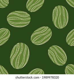 Healthy organic seamless pattern with random striped watermelon elements. Green background. Graphic design for wrapping paper and fabric textures. Vector Illustration.