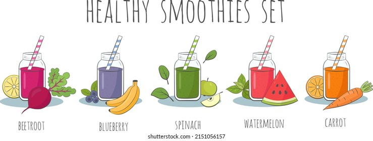 Equipo de smoothie orgánico saludable. Fruta y verduras suavizadas en frasco con ingredientes. Ilustración vectorial.