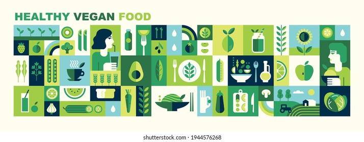Healthy organic vegan food. Cooking dietary dishes. Vegetarian cafe. Set of icons in flat geometric style. Abstract signs. Vegetables, fruits, green tea, smoothies and salads. Vector illustration. 