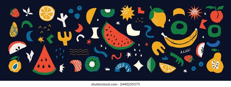 Healthy organic vegan food. Cooking dietary dishes. Vegetarian cafe. Set of icons in flat geometric style. Abstract signs, Vegetables, fruits, salads vector illustration.