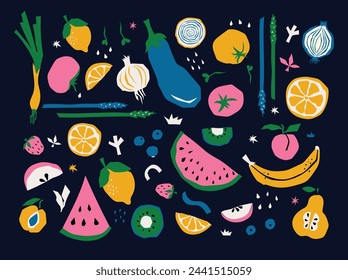 Healthy organic vegan food. Cooking dietary dishes. Vegetarian cafe. Set of icons in flat geometric style. Abstract signs, Vegetables, fruits, salads vector illustration.