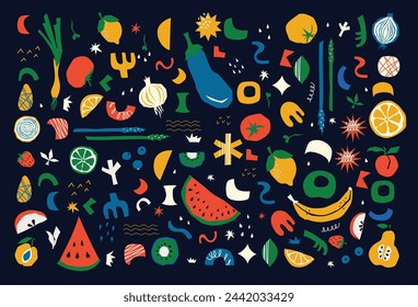 Healthy organic vegan food. Cooking dietary dishes. Vegetarian cafe. Set of icons in flat geometric style. Abstract signs, Vegetables, fruits, salads vector illustration.