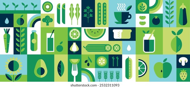 Comida vegana orgânica saudável. Cozinha pratos dietéticos. Café vegetariano. Conjunto de ícones em estilo geométrico plano. Fundo moderno abstrato.Vegetais, frutas, chá verde e smoothies. Ilustração vetorial. 