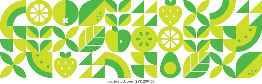 Healthy organic vegan food. Set of icons in flat geometric style. Bauhaus design. Fruits, leaves and berries. Watermelon, apple, strawberry and orange slices. Abstract signs. Vector illustration. 