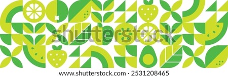 Healthy organic vegan food. Set of icons in flat geometric style. Bauhaus design. Fruits, leaves and berries. Watermelon, apple, strawberry and orange slices. Abstract signs. Vector illustration. 