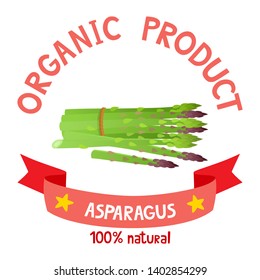 Healthy organic vegetables badge of fresh farm asparagus with ribbon banners isolated on white background. Vector illustration of cartoon label used for magazine, poster, menu, web pages.