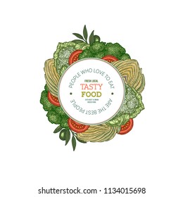 Healthy organic vegetables design template. Broccoli, artichoke, tomato, olive. Vector illustration. 