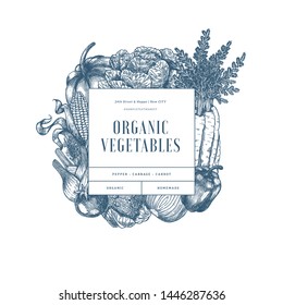 Healthy organic vegetables design template. Farm fresh vegetables engraved illustration. Vector illustration