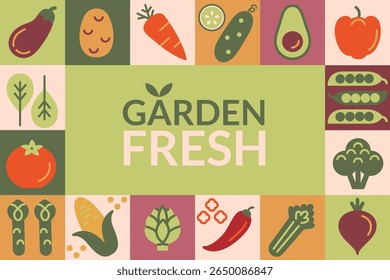 Vegetais orgânicos saudáveis,jardim fresco.Fundo com vegetais geométricos do jardim em estilo simples cenoura plana,batata,milho,brócolis,abacate,tomate,pimenta,pepino,manjericão.Comida natural fresca.Vetor
