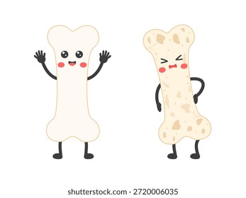 Comparación de caracteres óseos sanos y osteoporóticos. Mascotas de dibujos animados lindos que muestran huesos fuertes y frágiles. Conciencia de la osteoporosis y concepto de salud ósea. Ilustración vectorial plana.