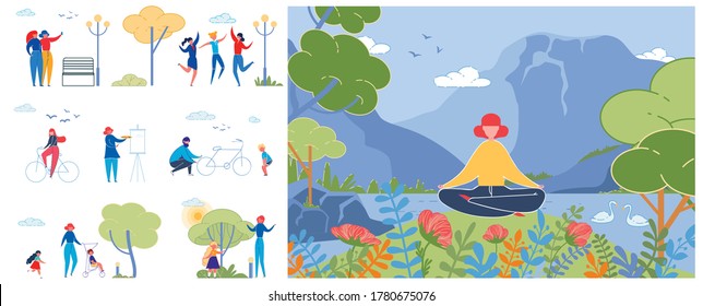 Healthy Outdoor Rest Flat Vector Illustrations Set. Recreational Activities Pack. Fresh Air Yoga, Cycling, Painting and Strolling. Parents with Kids, Yogi, Painter and Friends Cartoon Characters