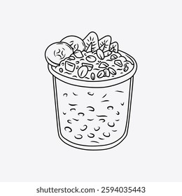 Healthy Overnight Chocolate Oatmeal with Strawberry, Banana, and Seed. Thin Line Illustration.