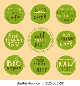 Healthy Paleo and Keto Diet patches. Retro set of fresh nutritious energetic tasty raw bio, organic, vegan healthy food labels. Hand drawn logos and vintage elements for menu or package. Vector badges