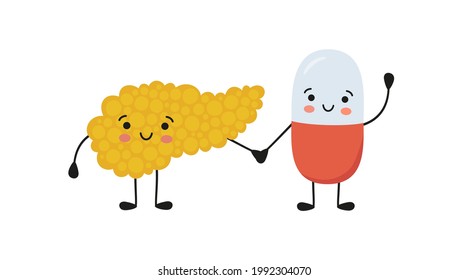 Healthy pancreas and happy smiling medicine pill characters hold hands. Kawaii medicine capsule and cute pancreas characters. Help with pancreatitis. Vector isolated illustration on white background.