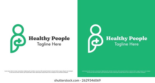 Ícone de vetor de ilustração de design de logotipo de paciente saudável. Silhueta pessoa clínica pessoas pessoas assistência médica. Ícone de símbolo de adição simples geométrica abstrata mínima.
