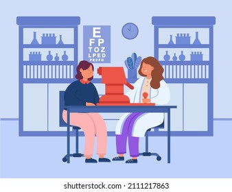 Paciente sano en revisión médica en consultorio oftalmólogo. Médico ocular u oculólista revisando la vista después de cirugía láser ilustración vectorial plana. Medicina, concepto oftalmológico para el diseño de sitios web