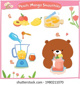 Healthy peach smoothies recipe cartoon, step by step instructions, card template. 
Cute food icons set for cookbook, restaurant, cafe, menu creator.
Vector illustration.