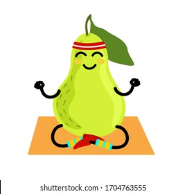 Healthy pear cartoon character in yoga position.  Eating healthy. Isolated illustration on a white background. Healthy, sportive lifestyle concept. Relaxation, meditation.