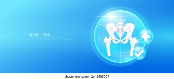 Healthy pelvis bone within bubble dome transparent with check mark and plus sign on blue background. Strong femur cartilage joint anatomy. Medical health care concept. 3D Vector EPS10.