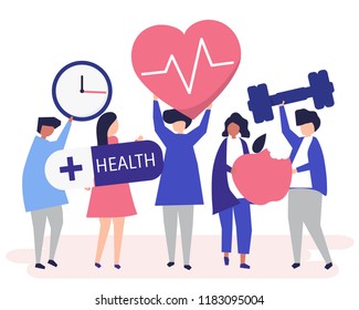 Healthy People Carrying Different Icons Related To Healthy Lifestyle
