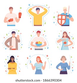 Healthy People Characters with Strong Immunity and Resistance to Bacterial Attack Vector Illustration Set