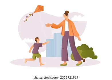 Healthy people concept with people scene in the flat cartoon design. Mother and son fly a kite. Vector illustration.