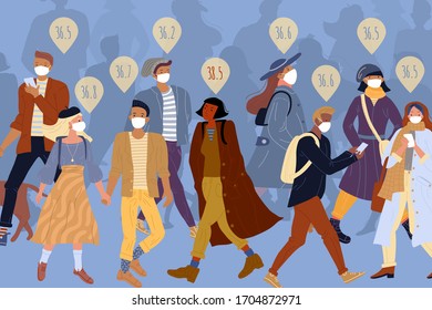 Healthy people crowd in protective medical face mask walking on street. Sick woman without respiratory facemask having fever. Temperature pins indicator. Coronavirus outbreak. Covid19 pandemic