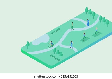 Personas sanas haciendo ejercicio en ilustración vectorial de parque. Estilo de vida saludable y concepto de salud