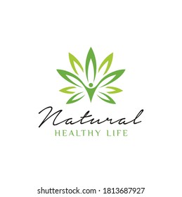 Healthy People with Fresh Leaf, Human Health Life with Natural Organic Nutrition logo design