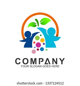 healthy people logo, family care logo, vector illustration of human in circle shape with leaf and colorful bubble