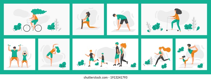 Healthy people poster. World health day greeting cards and flyers, cartoon characters doing outdoor activities and exercises, riding bicycles, yoga and fitness training. Vector healthy family banners