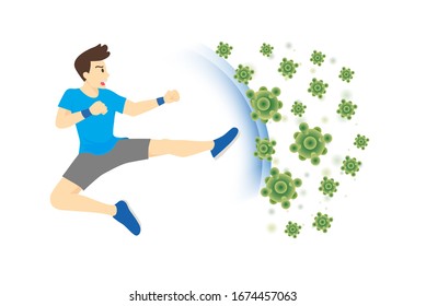 Healthy people reflect bacteria attack with jump kick. Concept illustration about boost Immunity with Exercise.