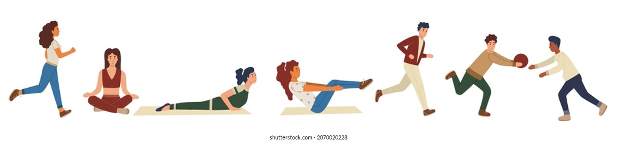 Healthy people set doing sport exercises. Adult people run, play, practice yoga and fitness isolated on white. Flat style lifestyle and leisure vector illustration. Healthy lifestyle concept