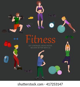 healthy people workout in gym isolated vector illustration, fitness woman and man training exercise, activity sport lifestyle, weight loss girl and boys design background, body fit and wellness