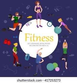 healthy people workout in gym isolated vector illustration, fitness woman and man training exercise, activity sport lifestyle, weight loss girl and boys design background, body fit and wellness