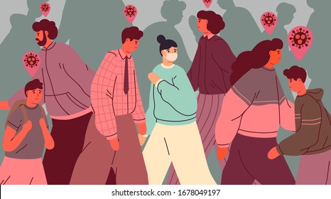 Healthy person in face mask among infected people. People during virus epidemic outbreak. Coronavirus pandemic. Infection contamination and prevention concept. Vector illustration in flat style.